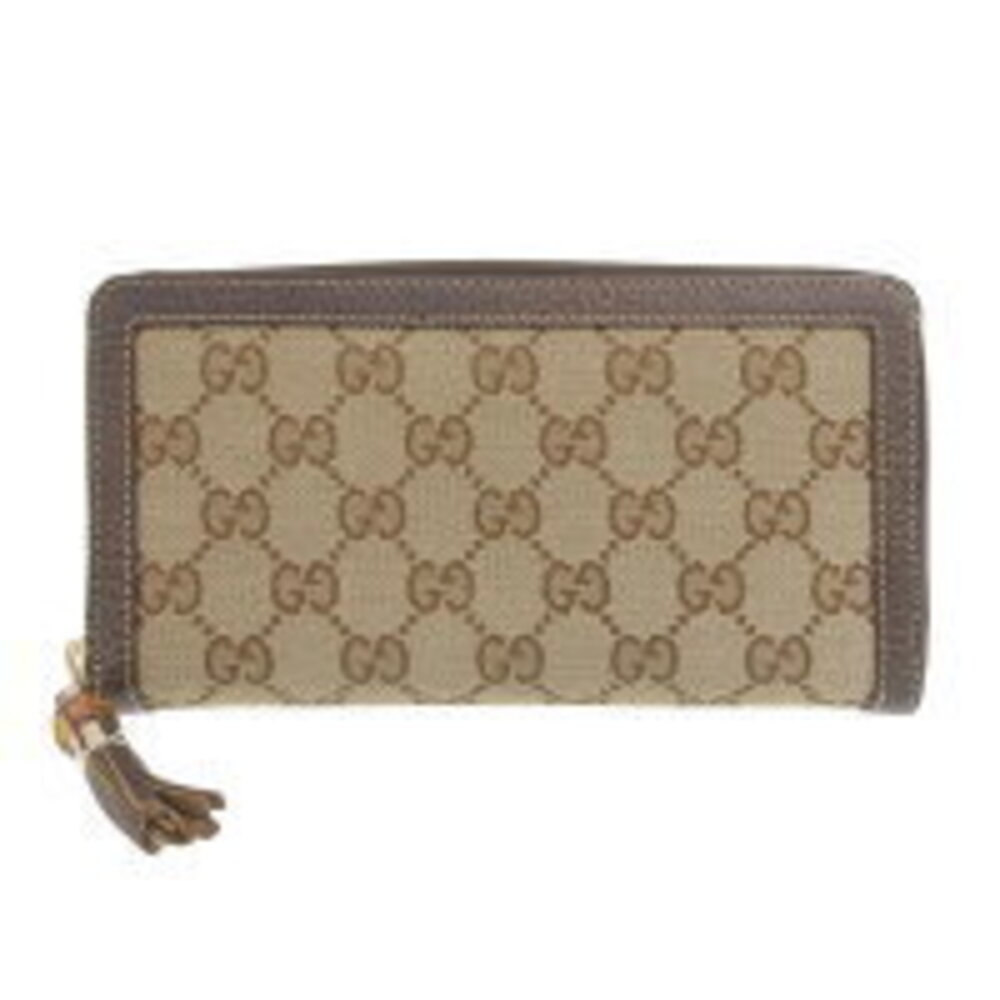 Gucci GG Round Zip Long Wallet Beige Tan Brown Bamboo Tassel